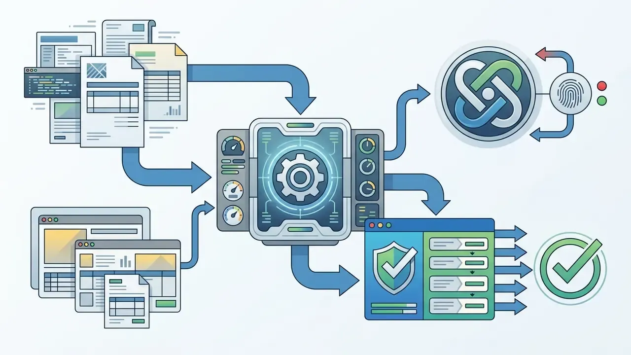Financial documents flowing through a central processor to identity verification and data validation nodes