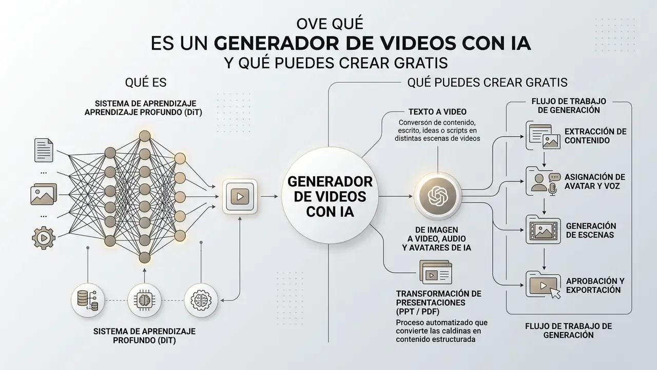 Infographic showing how an AI video generator processes inputs to create content through a structured workflow