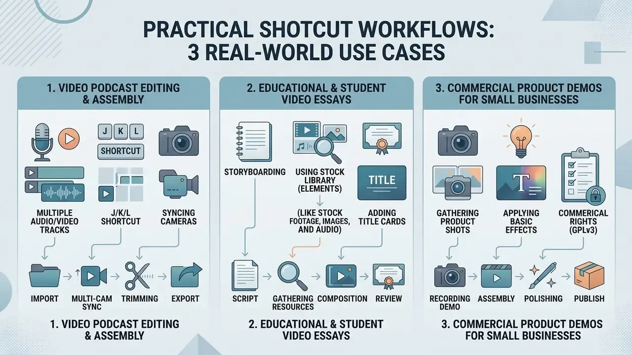 Three-column summary of video production workflows for podcasts, educational essays, and product demos