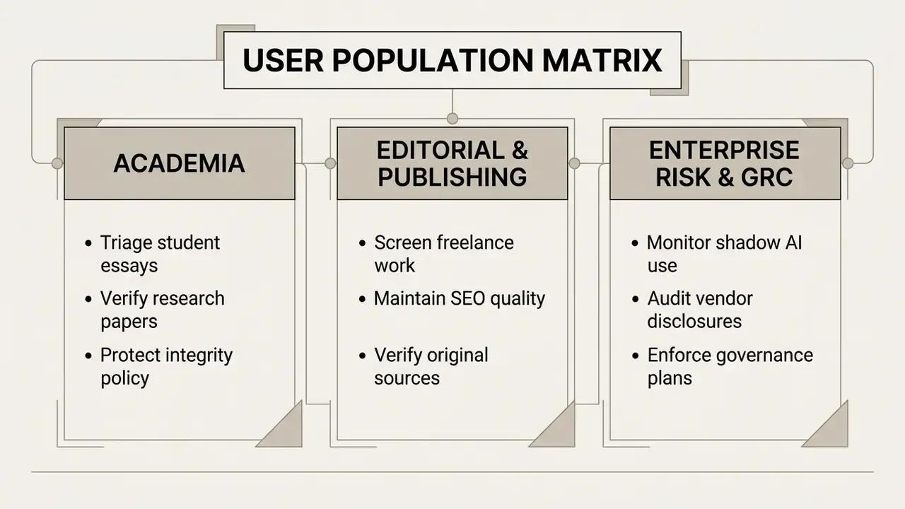 Three-column table outlining specific use cases for academia, editorial, and enterprise risk management