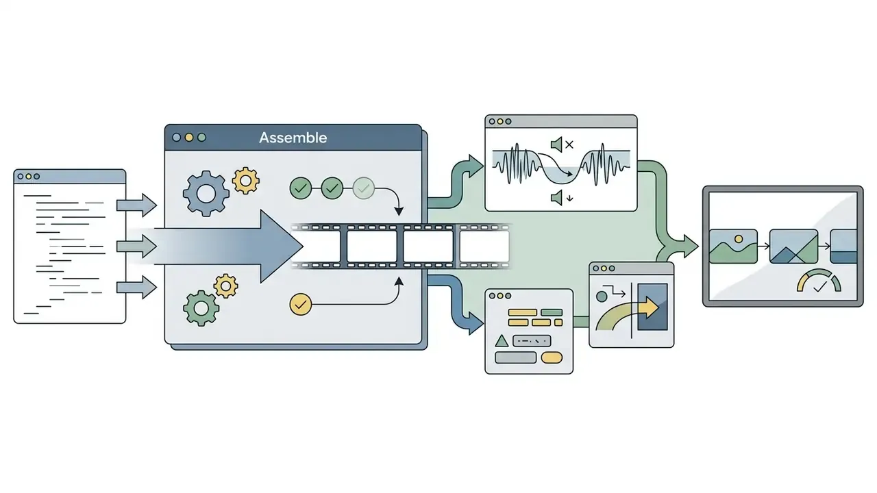Document inputs feeding into a central engine that stitches video scenes with audio and transitions