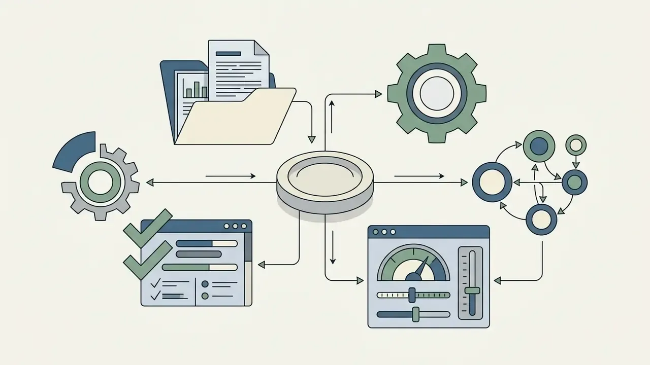 Interconnected icons representing data processing, performance metrics, and technical media benchmarks