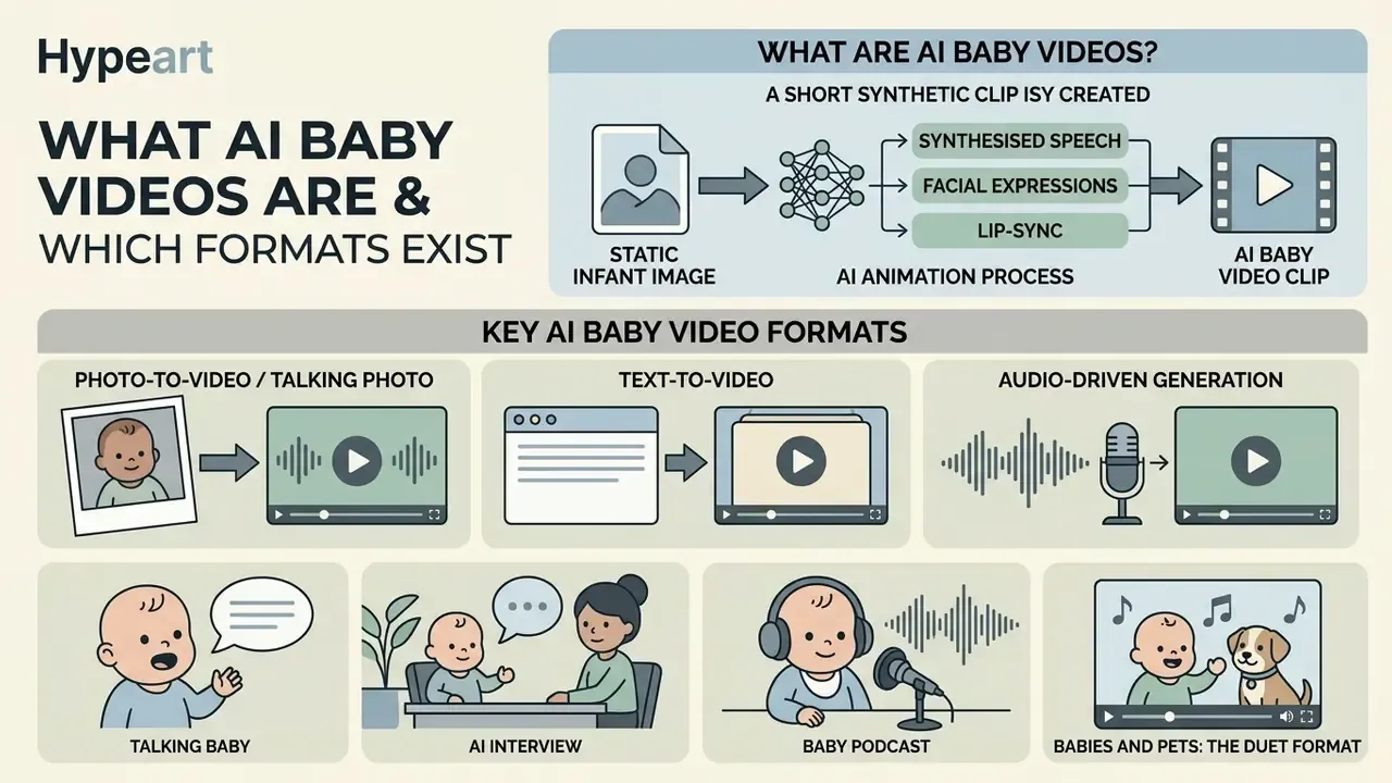 Infographic explaining how AI baby videos are generated from static images and various video formats