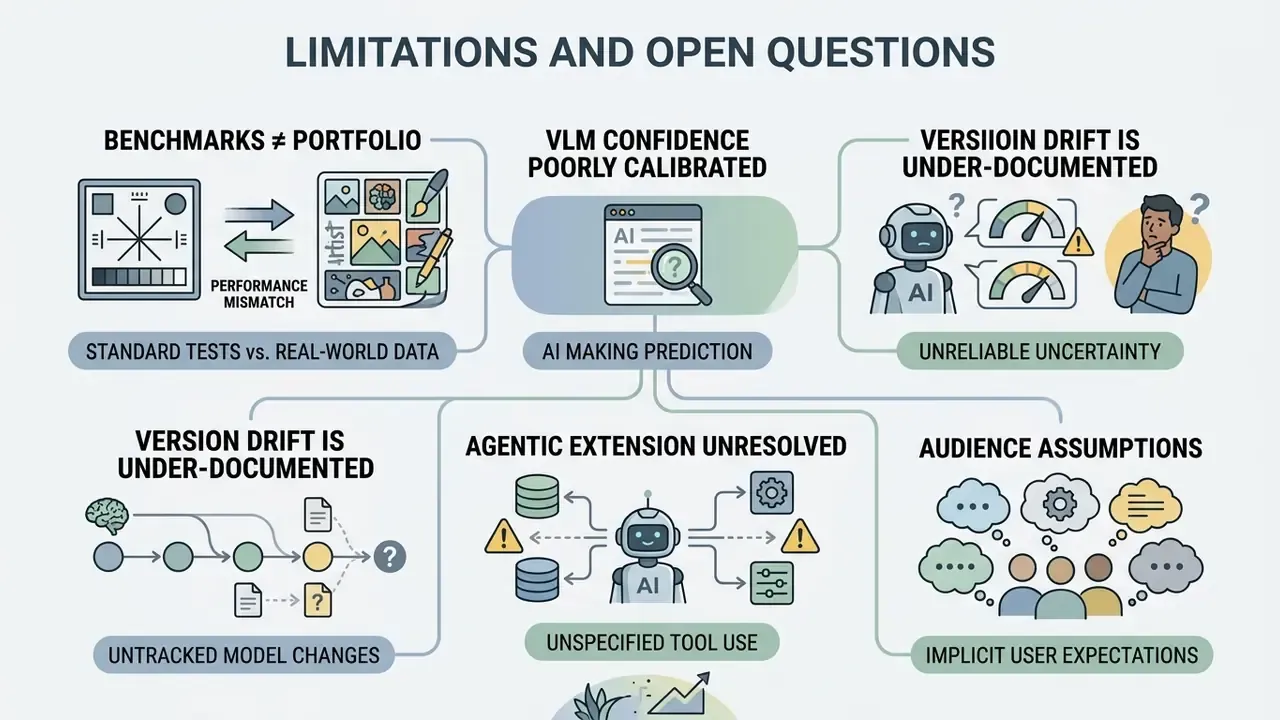 Diagram outlining challenges like benchmark gaps, model drift, and uncertain tool use in vision systems