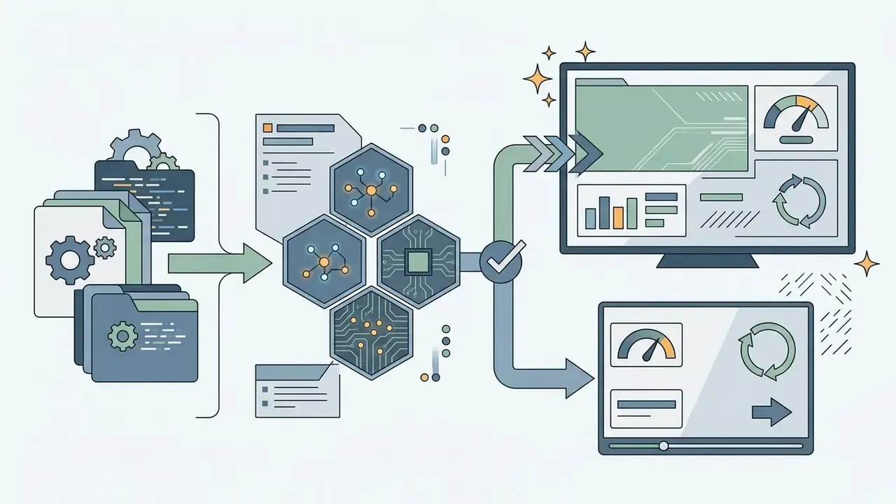 Data files feeding into a central processing hub that outputs to monitors with performance metrics