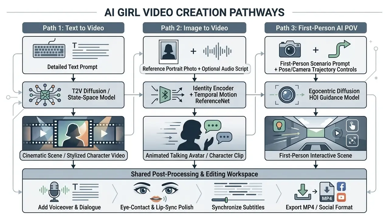 Flowchart detailing three distinct technical workflows for generating an AI girl video