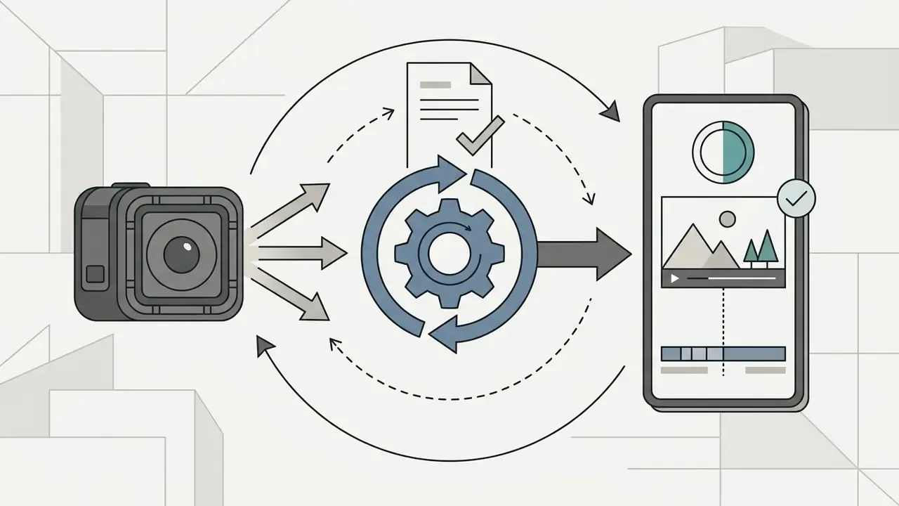 Action camera footage cycling through a gear processing unit to a phone screen for video editing