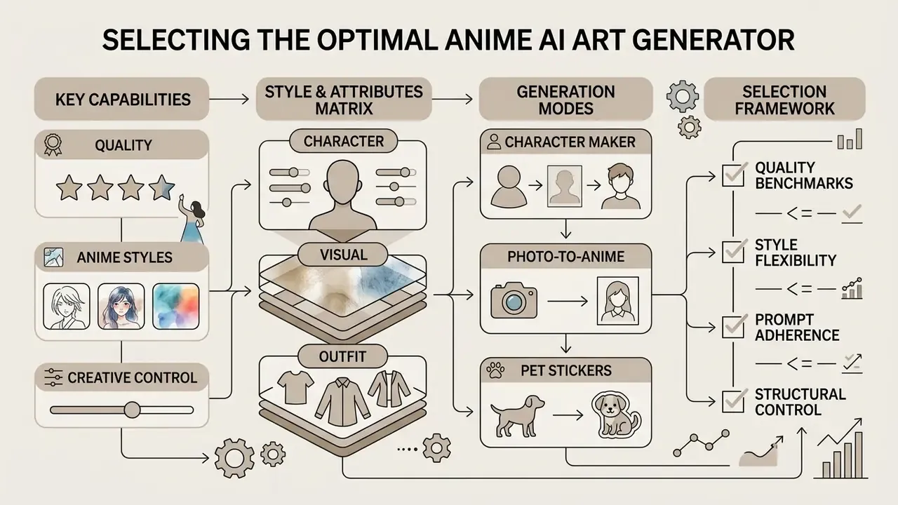 Infographic showing a step-by-step framework for evaluating the capabilities of an anime AI art generator
