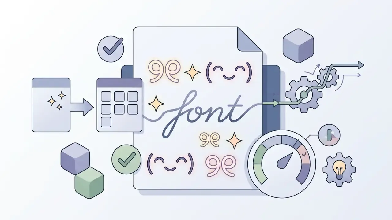 Central document with aesthetic symbols and kaomoji connected to gears, speed gauges, and process icons