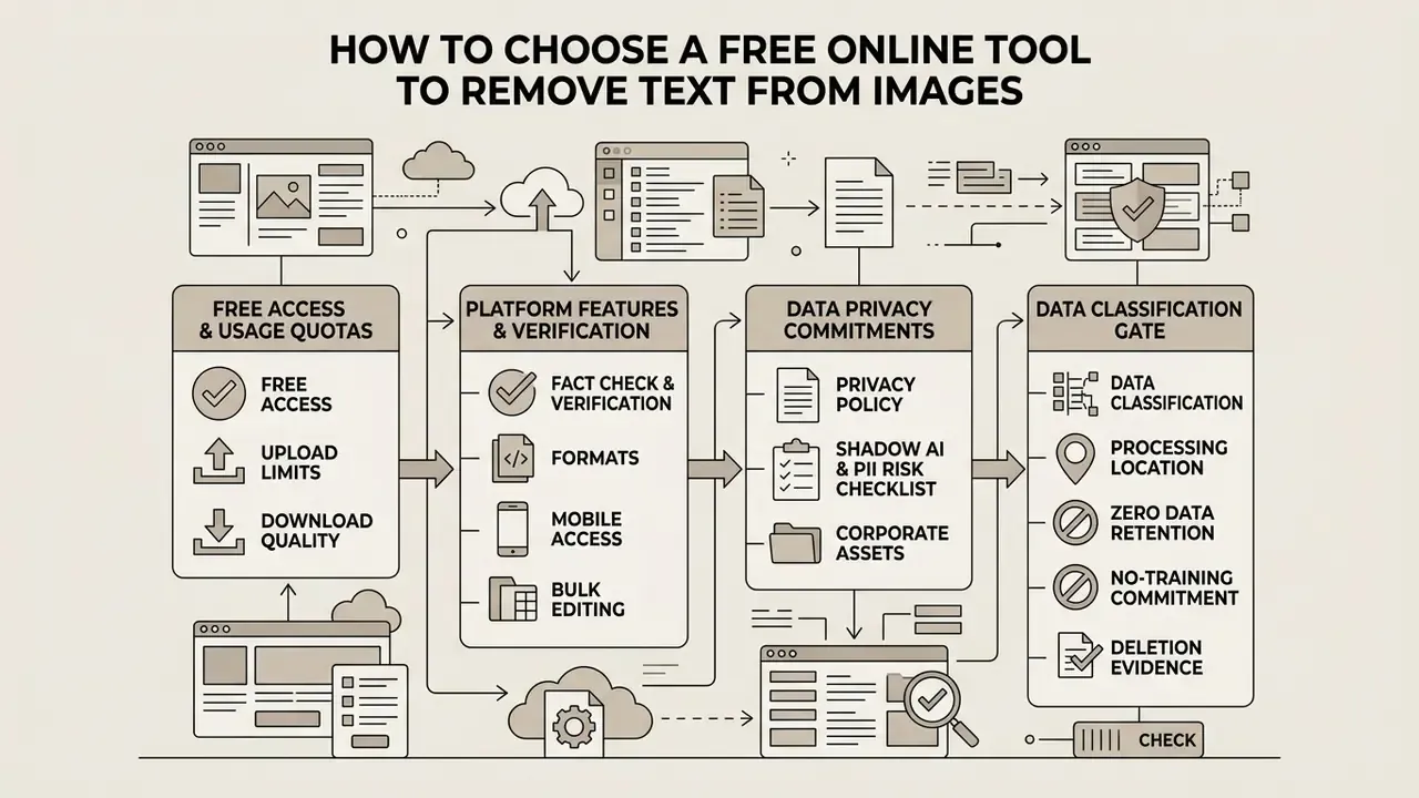 Infographic outlining criteria for evaluating online tools including usage quotas and data privacy risks