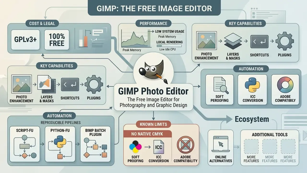 Infographic summarizing the features, performance, and automation capabilities of the GIMP photo editor