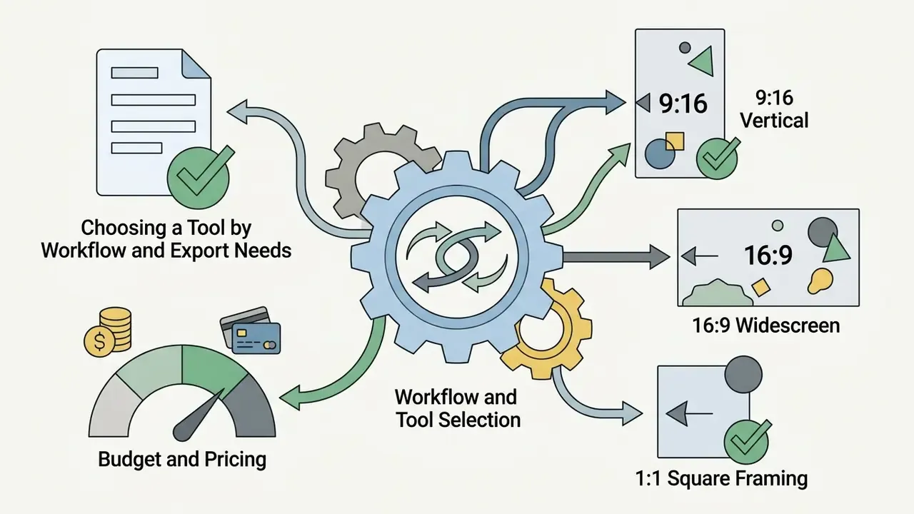 Central gear mechanism connecting budget, workflow, and various social media aspect ratio requirements