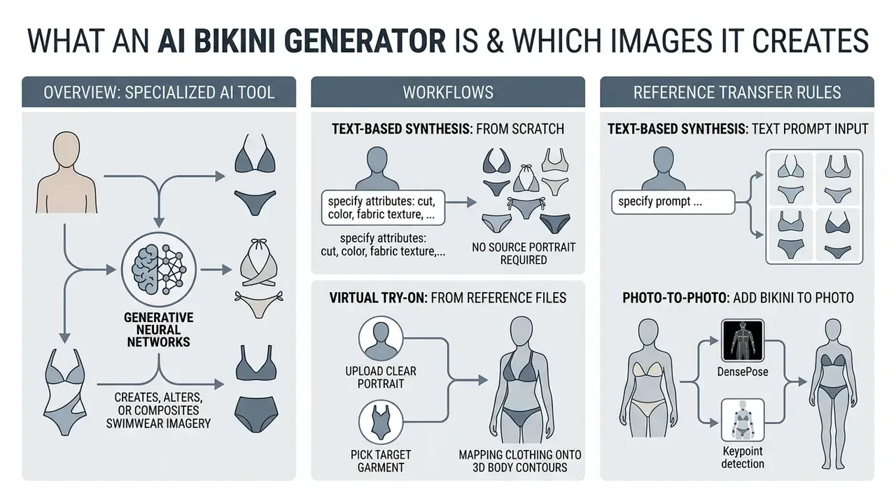 Infographic showing how an AI bikini generator uses neural networks for text synthesis and virtual try-ons
