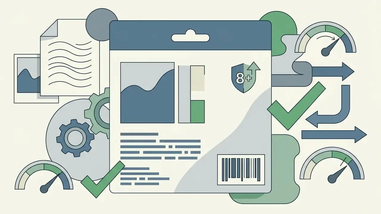 Toy packaging cardback surrounded by document icons, gears, checkmarks, and gauges for technical settings