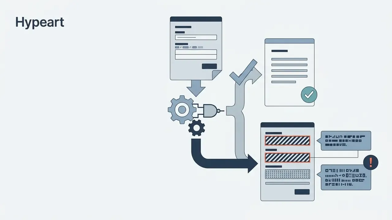 Form fields connected to gears that process data into valid documents or flagged error messages
