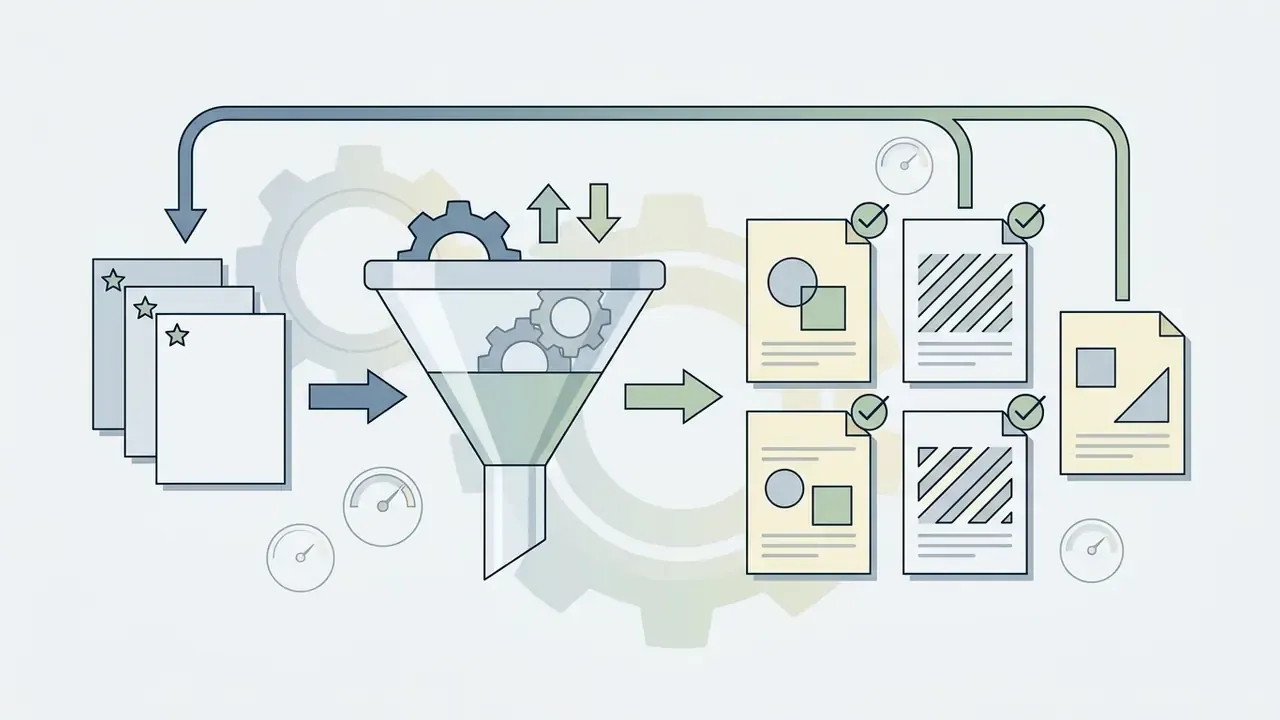Documents feeding into a funnel mechanism that outputs selected variants with checkmarks