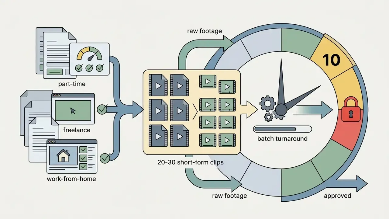 Workflow showing remote video editor job types feeding into a ten day batch production cycle