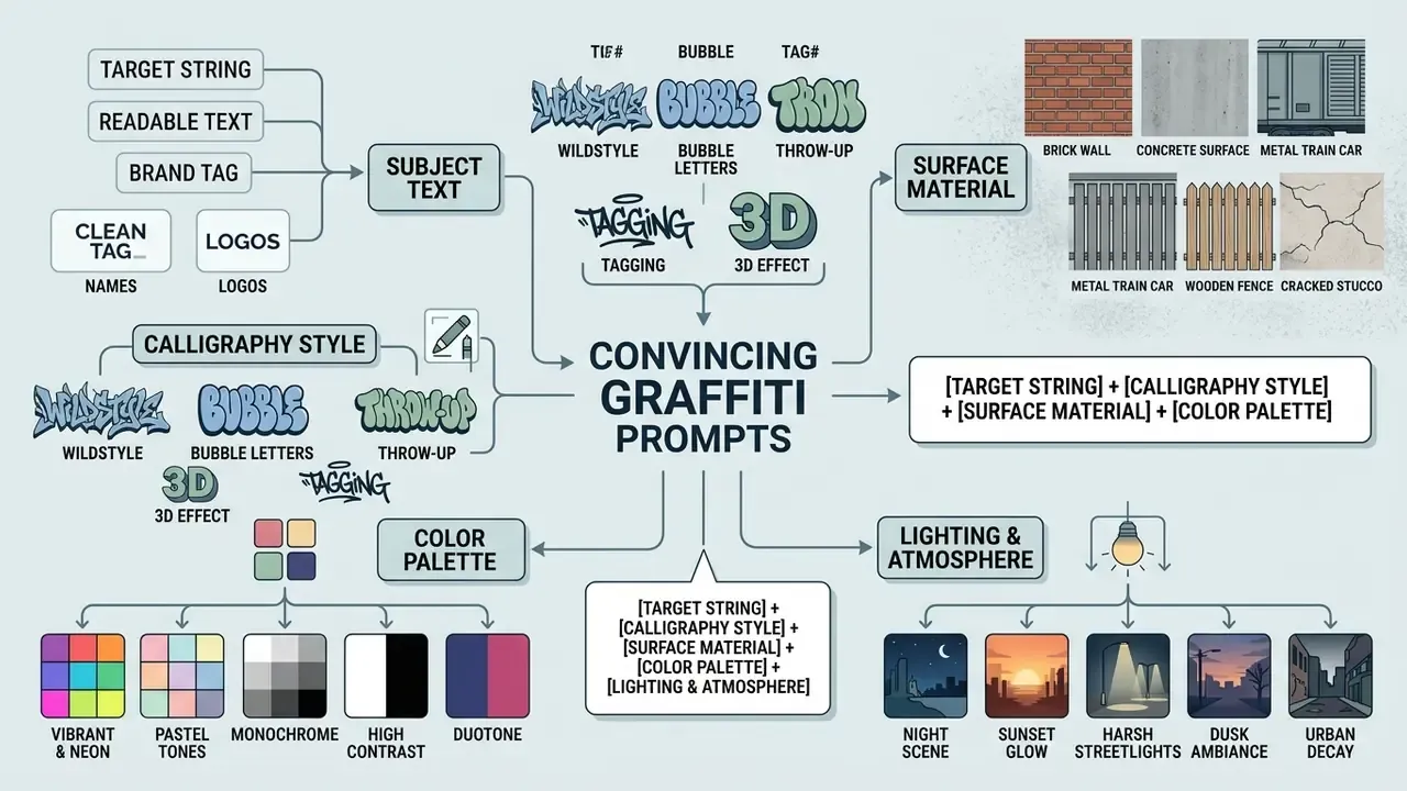 Diagram showing categories for building graffiti art generator prompts including style and surface