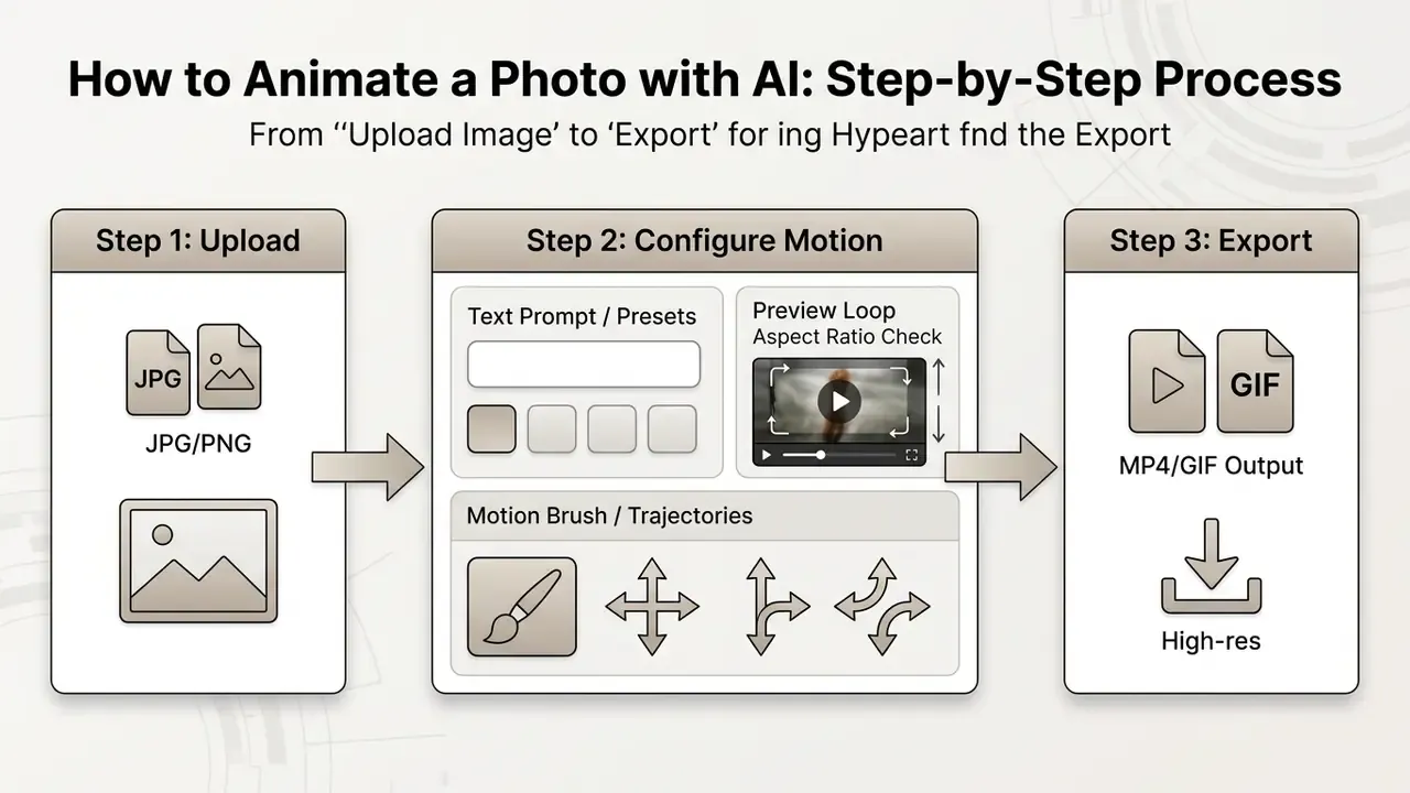 Three-step workflow diagram showing image upload, motion configuration settings, and final video export