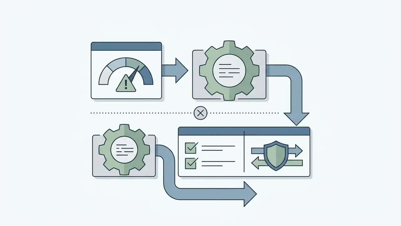 Gauge displaying a warning icon feeding into a gear and checklist process for a Commercial License for AI Media