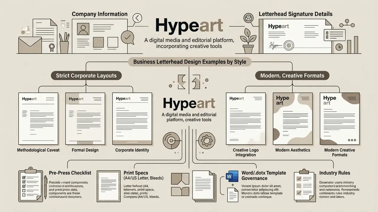 Diagram categorizing stationery layouts into corporate and creative styles with technical production notes