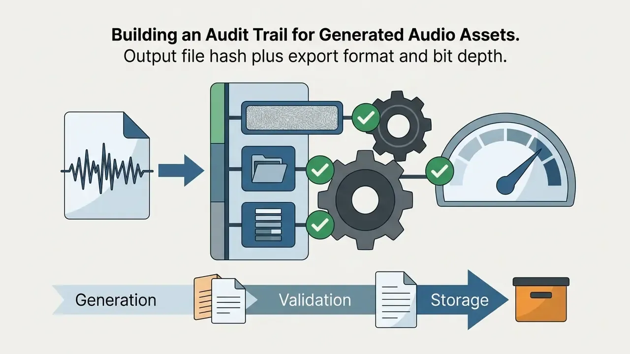 Audio file icon, processing gears, and gauge leading to a generation, validation, and storage timeline