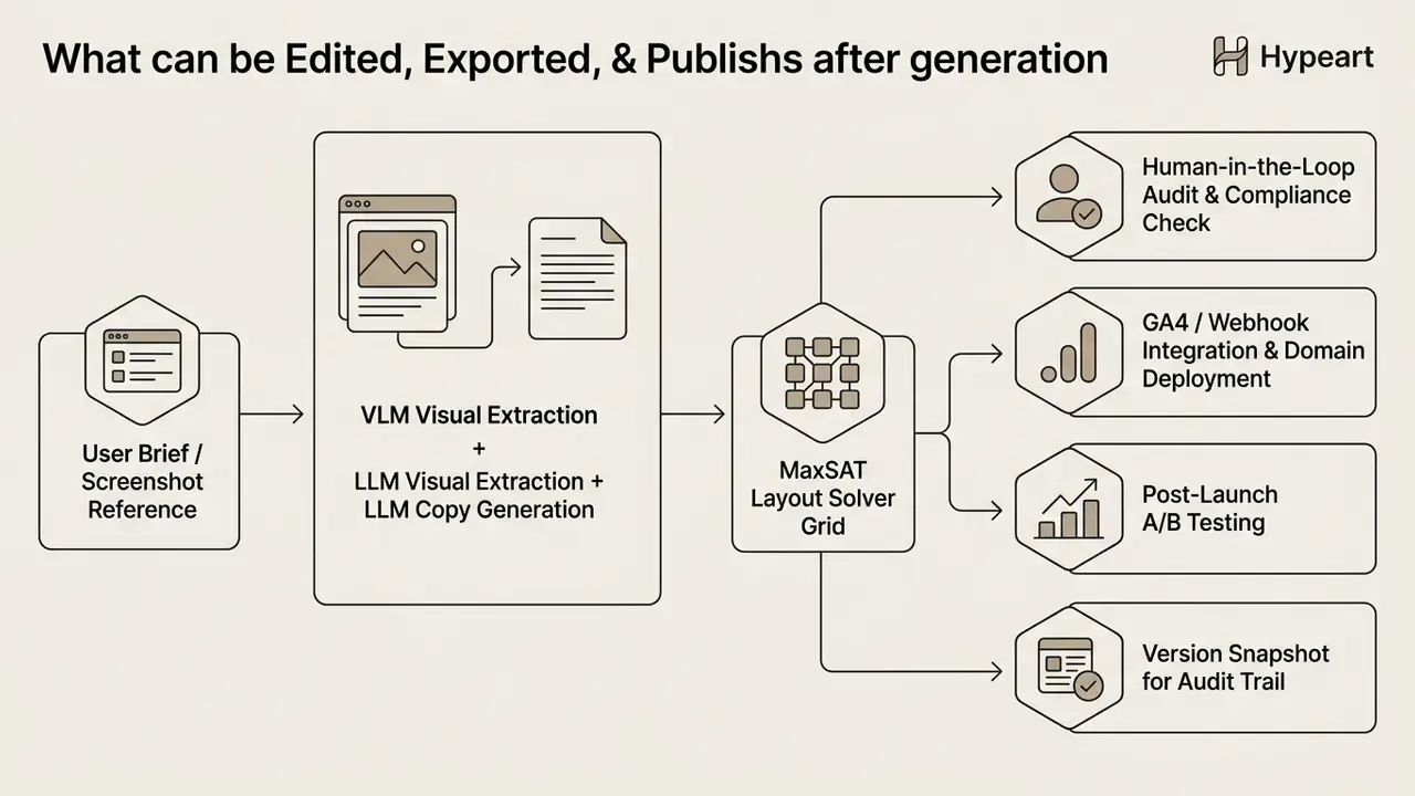 Sequential process map showing steps from user input through extraction and layout to final deployment