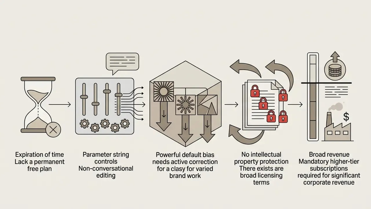 Icons showing limitations of AI tools including lack of free plans, parameter controls, and licensing