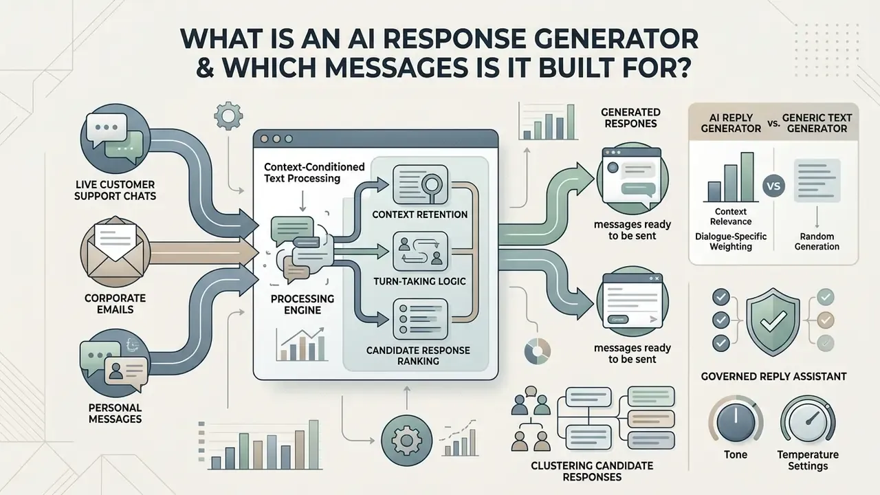 Diagram showing how an AI response generator processes various message types through a central engine