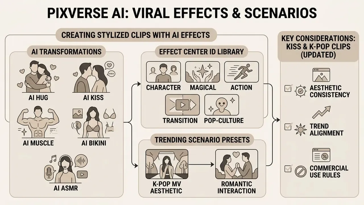 Diagram showing PixVerse AI transformation effects, template libraries, and key production considerations