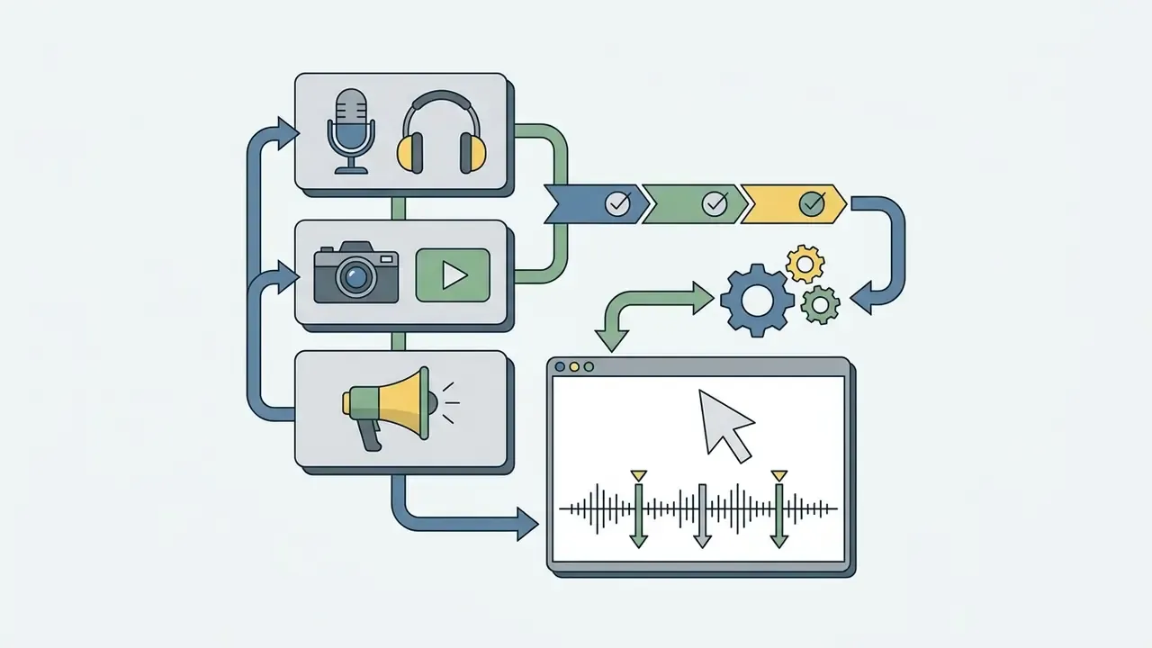 Media production icons feeding into a processing hub that outputs to an audio editing interface