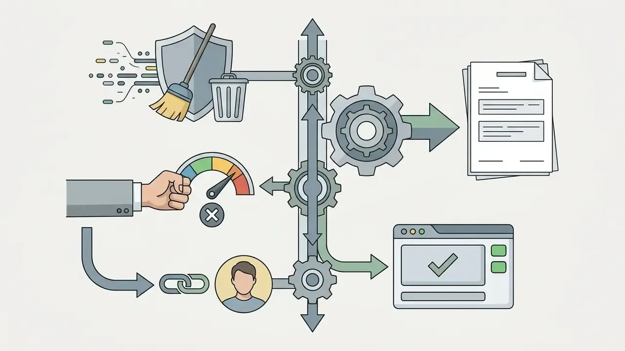 Icons representing data scrubbing, performance monitoring, human oversight, and compliance documentation