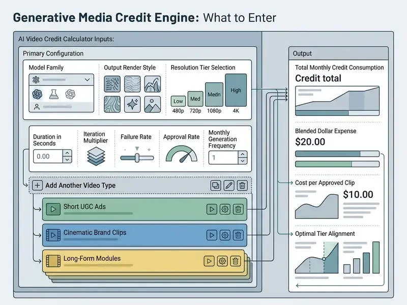 Interactive form interface for calculating AI video credits with customizable input fields and output charts