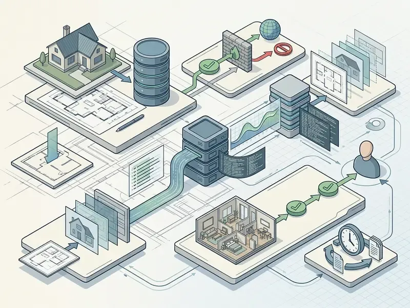 Isometric view of data workflows connecting design tools to inventory logs and security firewalls