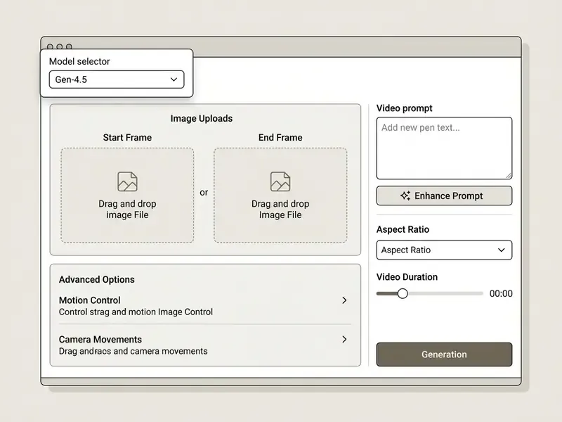 Runway AI interface showing image upload zones, prompt text area, and motion control settings
