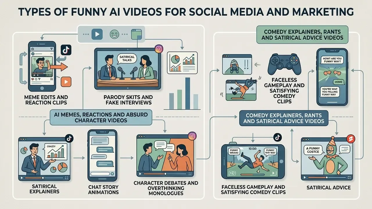 Diagram showing various funny AI video formats like parody skits, meme edits, and chat story animations