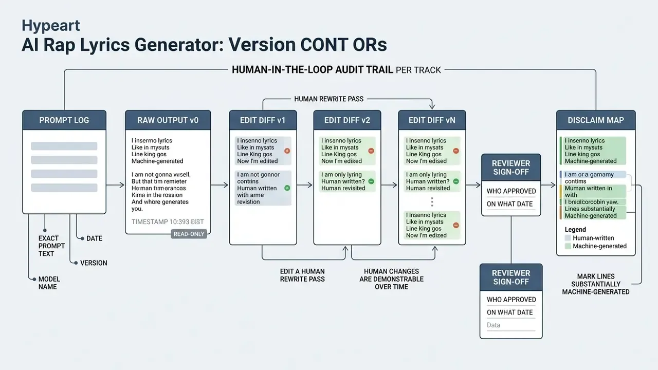 Workflow diagram detailing the audit trail for tracking AI rap lyrics from initial prompt to final sign-off