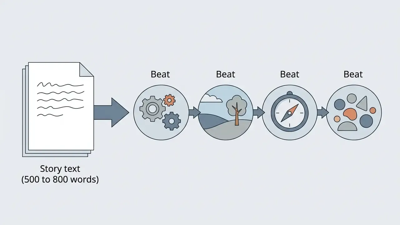Sequence of four circular icons representing narrative beats flowing from a document of story text