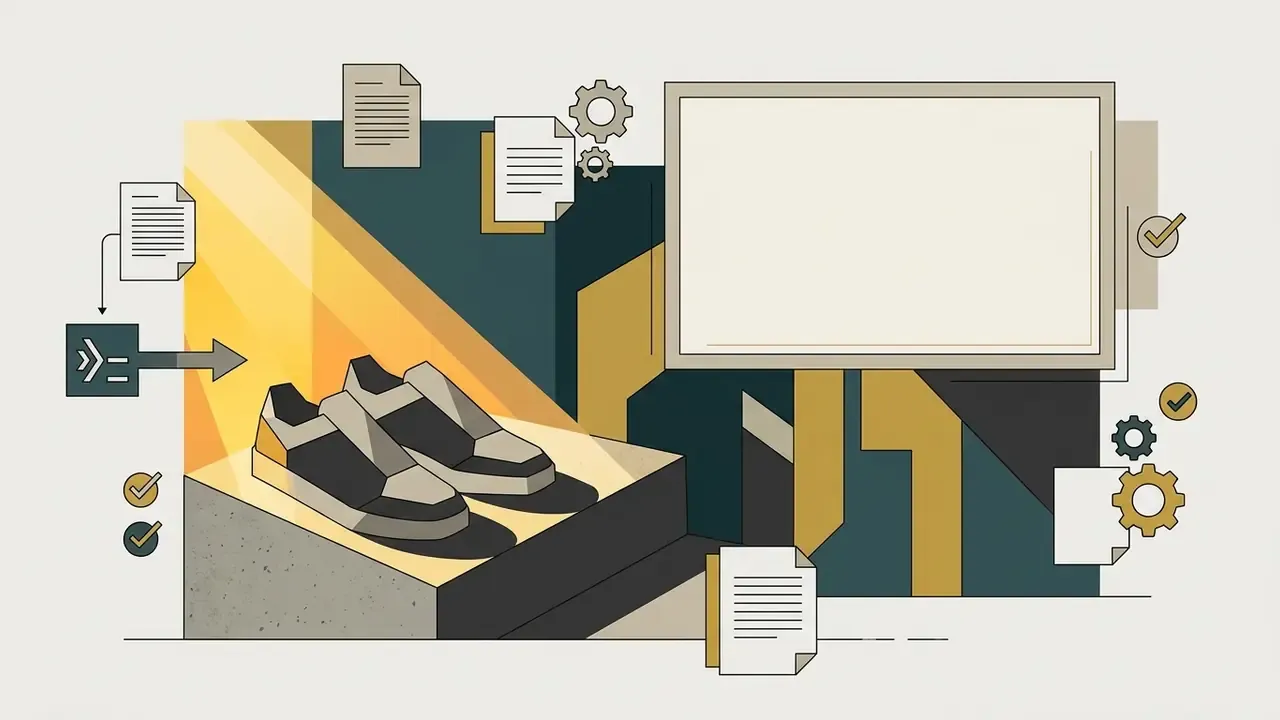 Leather sneakers on a concrete step surrounded by document icons, gears, and a blank display frame