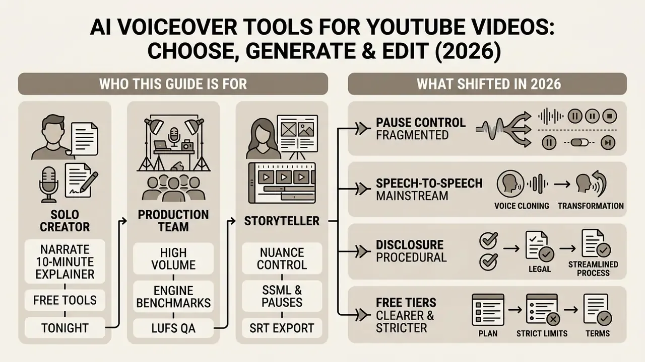 Infographic comparing target audiences for AI voiceover tools and key industry shifts in 2026