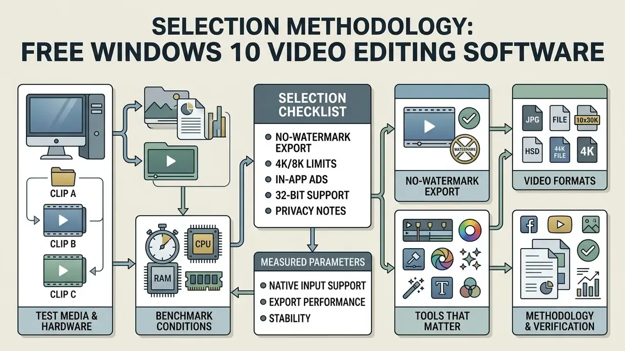 Flowchart outlining the criteria and testing process used to evaluate video editing software