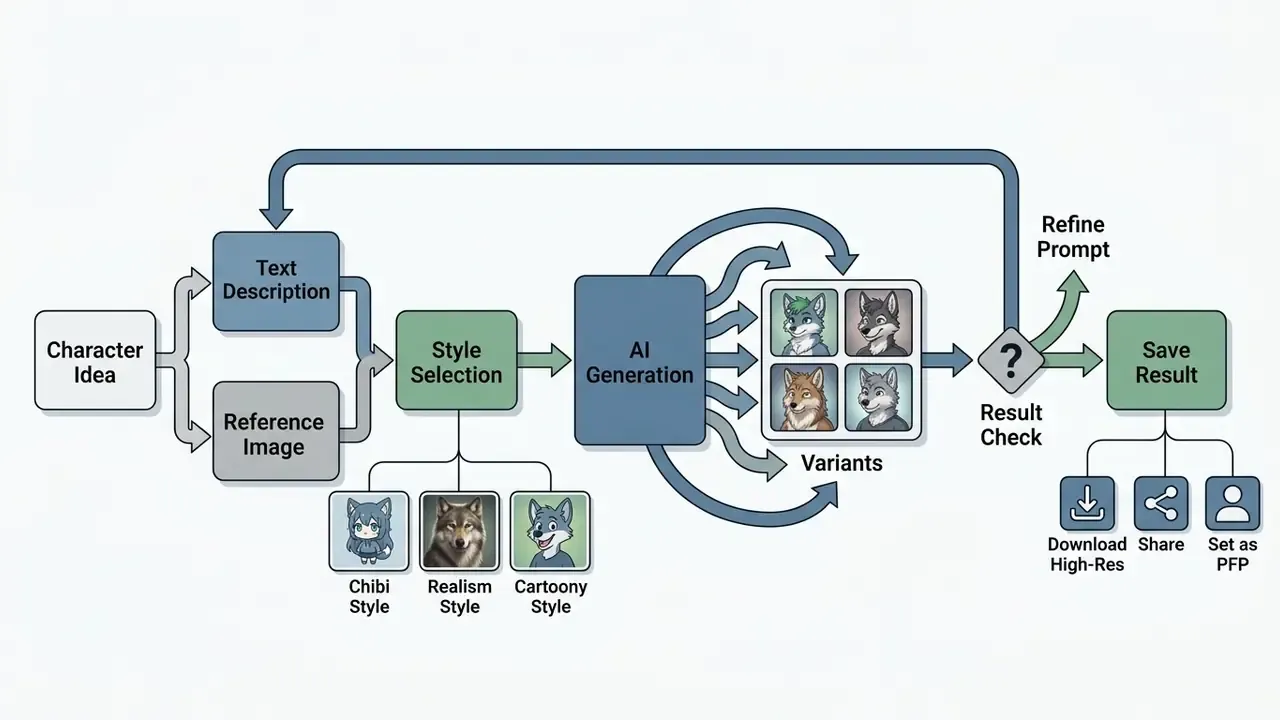 Step by step diagram showing the progression from initial character concepts to final saved art outputs