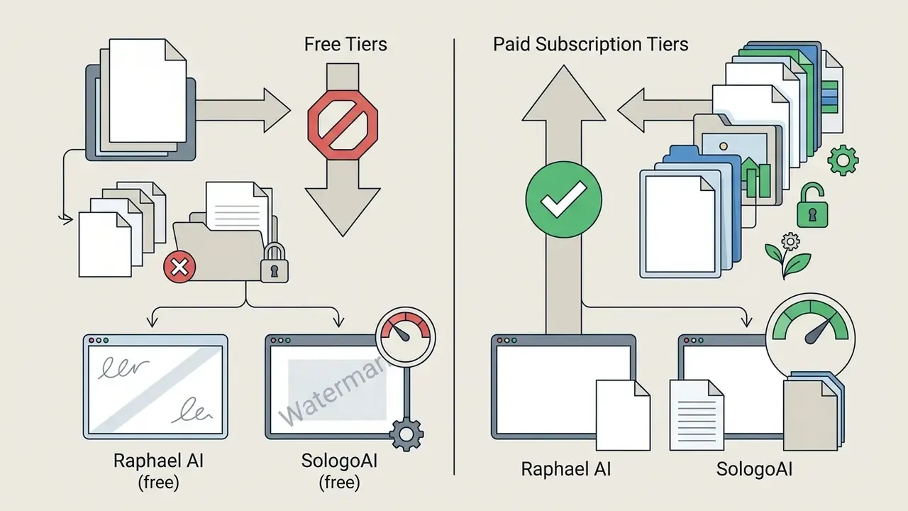 Comparison of free and paid subscription tiers showing restrictions versus commercial usage rights