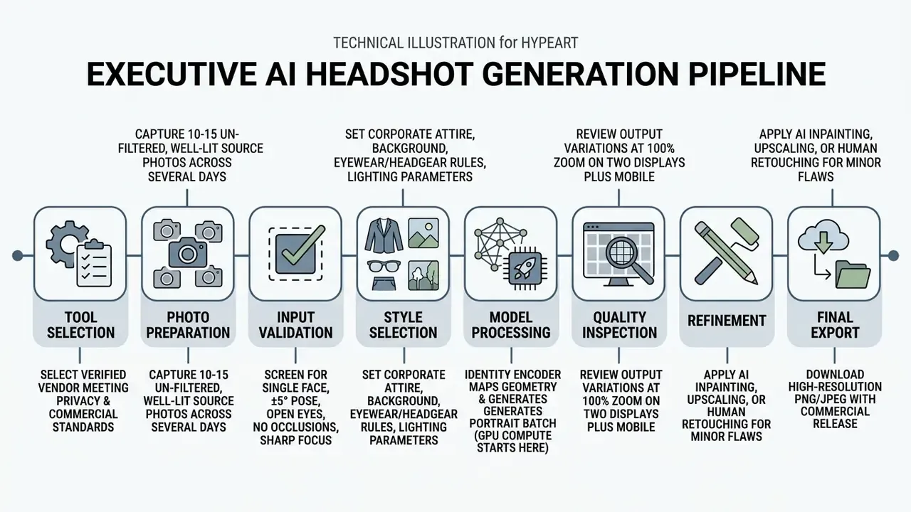 Linear process diagram detailing the eight stages of an AI headshot generation pipeline