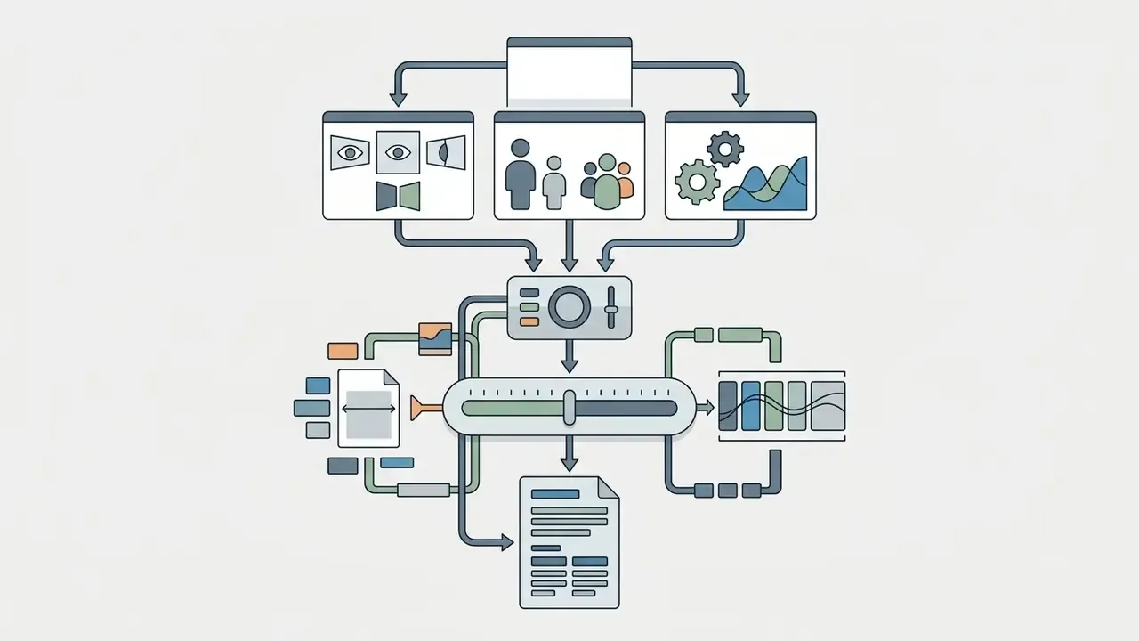Icons for perspective, audience, and creativity feeding into a central slider that adjusts narrative output