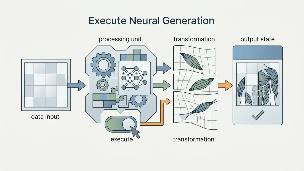 Diagram showing data input moving through a neural processing unit to render muscular transformations