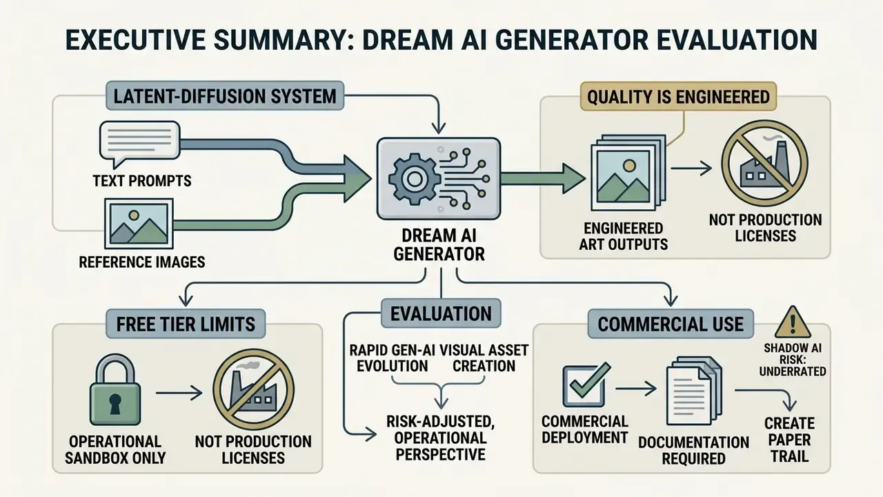 Flowchart outlining the operational risks and requirements for using a Dream AI generator