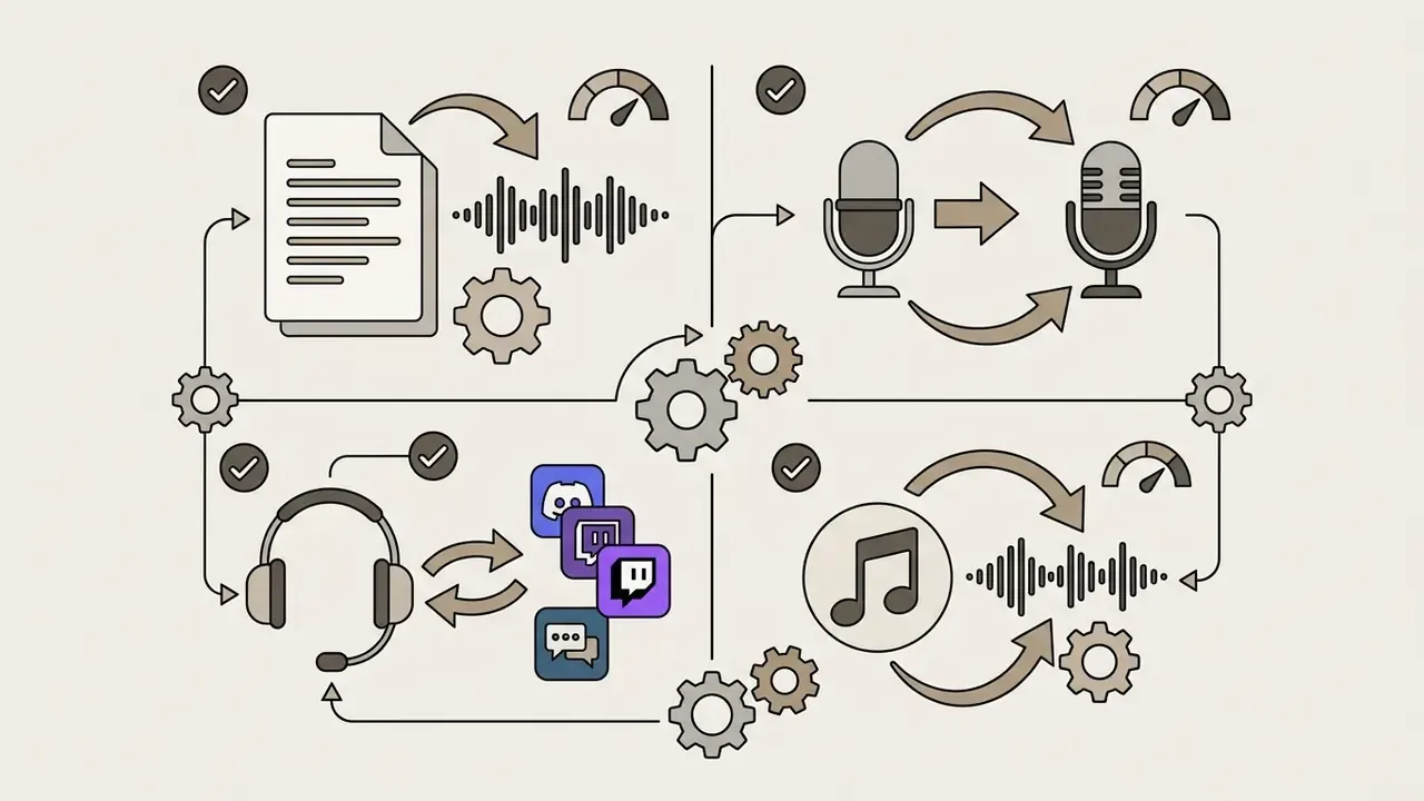 Four quadrants showing icons for script, speech, microphone, and music production workflows