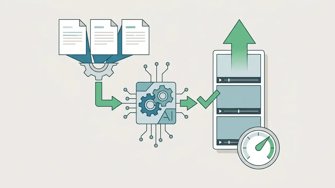 Documents feeding into an AI processor that generates vertical video content with a speed indicator