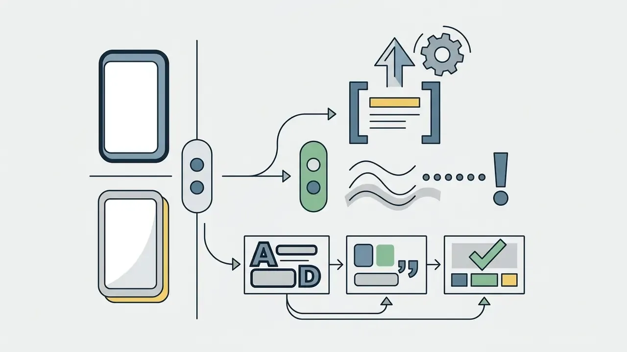 Mobile device icons connecting to a workflow of text formatting, punctuation, and validation symbols